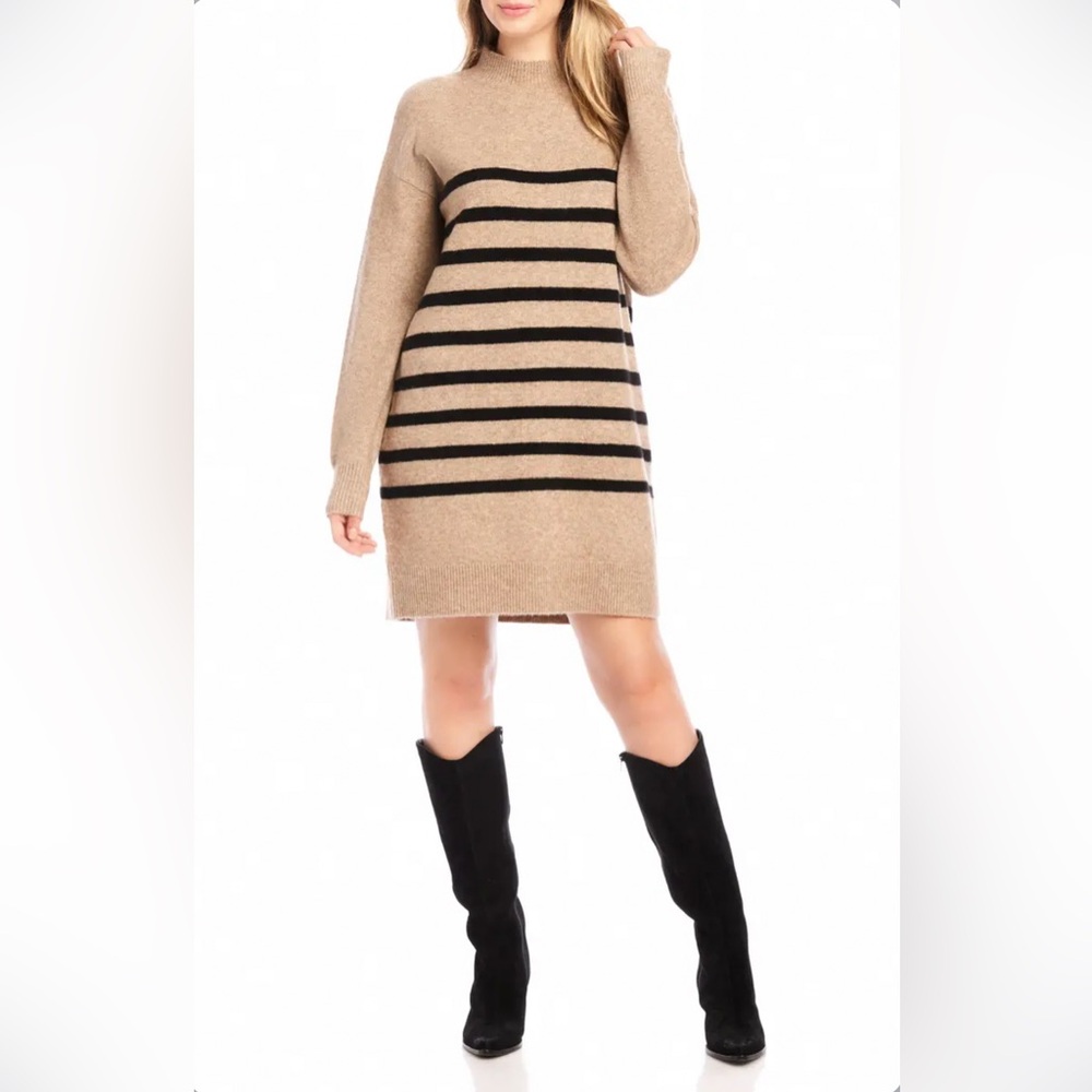 Karen Kane Striped Tan and Black Long Sleeve Sweater Dress